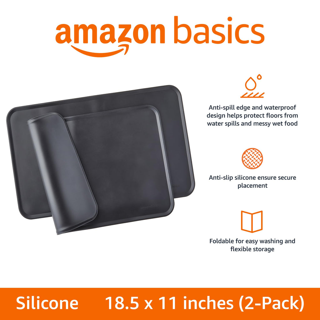 Amazon Basics 2-Pack Black Silicone Pet Food Mat, Waterproof and Anti-Slip, 18.5 x 11.5 Inches