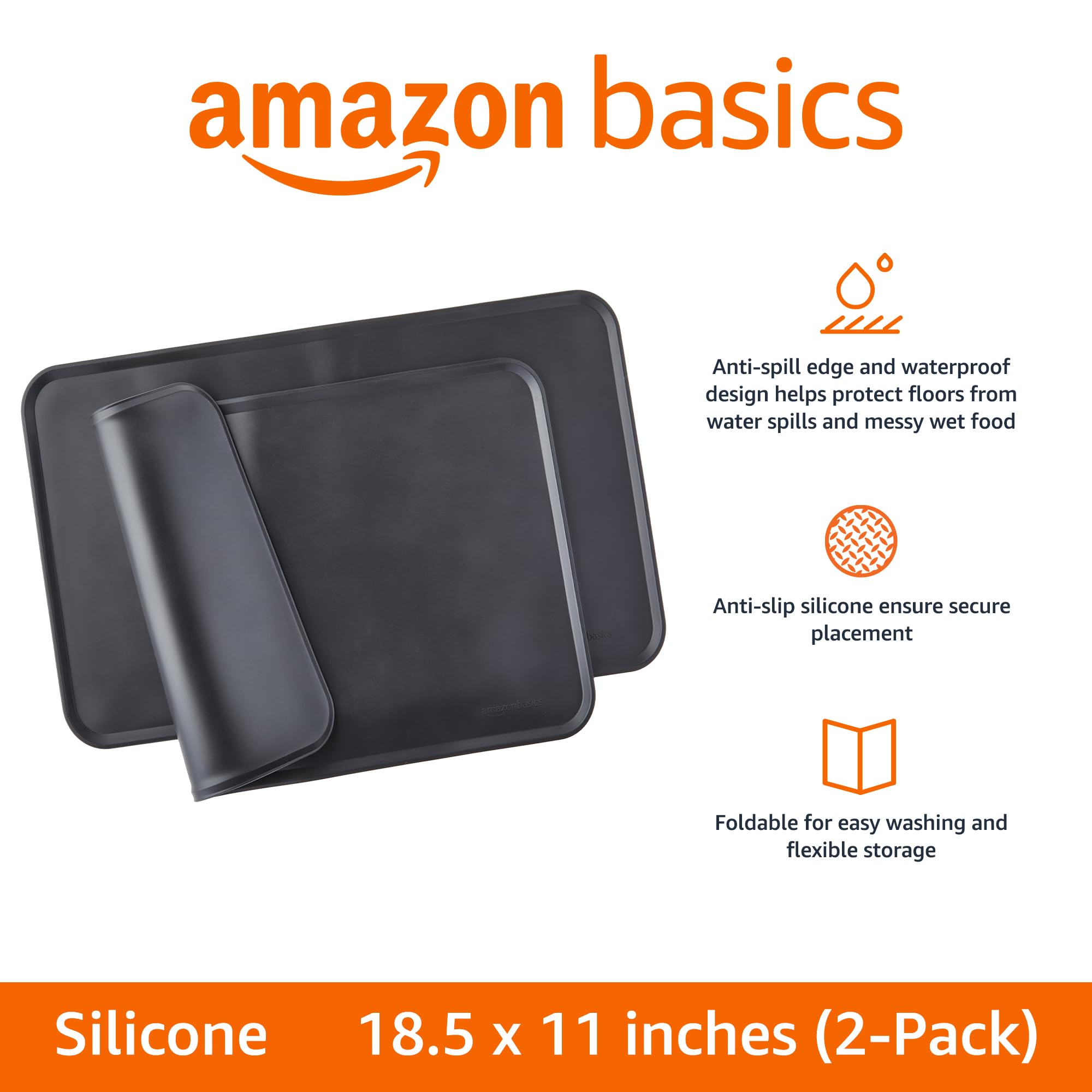 Amazon Basics 2-Pack Black Silicone Pet Food Mat, Waterproof and Anti-Slip, 18.5 x 11.5 Inches