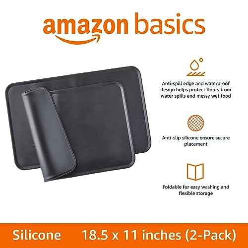 Amazon Basics 2-Pack Black Silicone Pet Food Mat, Waterproof and Anti-Slip, 18.5 x 11.5 Inches
