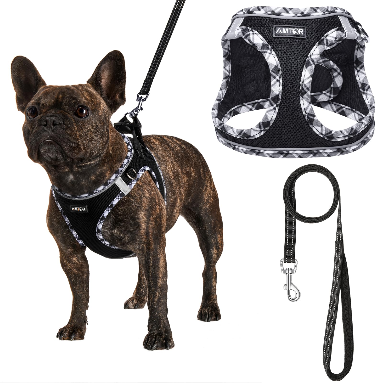 AMTOR Dog Harness with Leash Set, No Pull Reflective Step-in Harness for X-Large Dogs, Black/White, Chest 18.5-21 Inches
