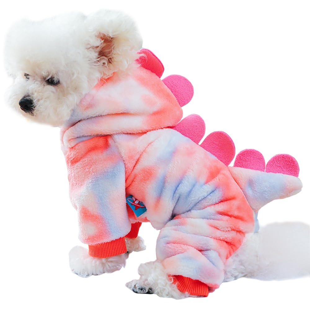 Anelekor Dinosaur Dog Hoodie for Small Dogs – Fleece Winter Costume with Leash Ring, Pink, Medium