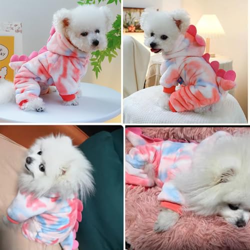 Anelekor Dinosaur Dog Hoodie for Small Dogs – Fleece Winter Costume with Leash Ring, Pink, Medium