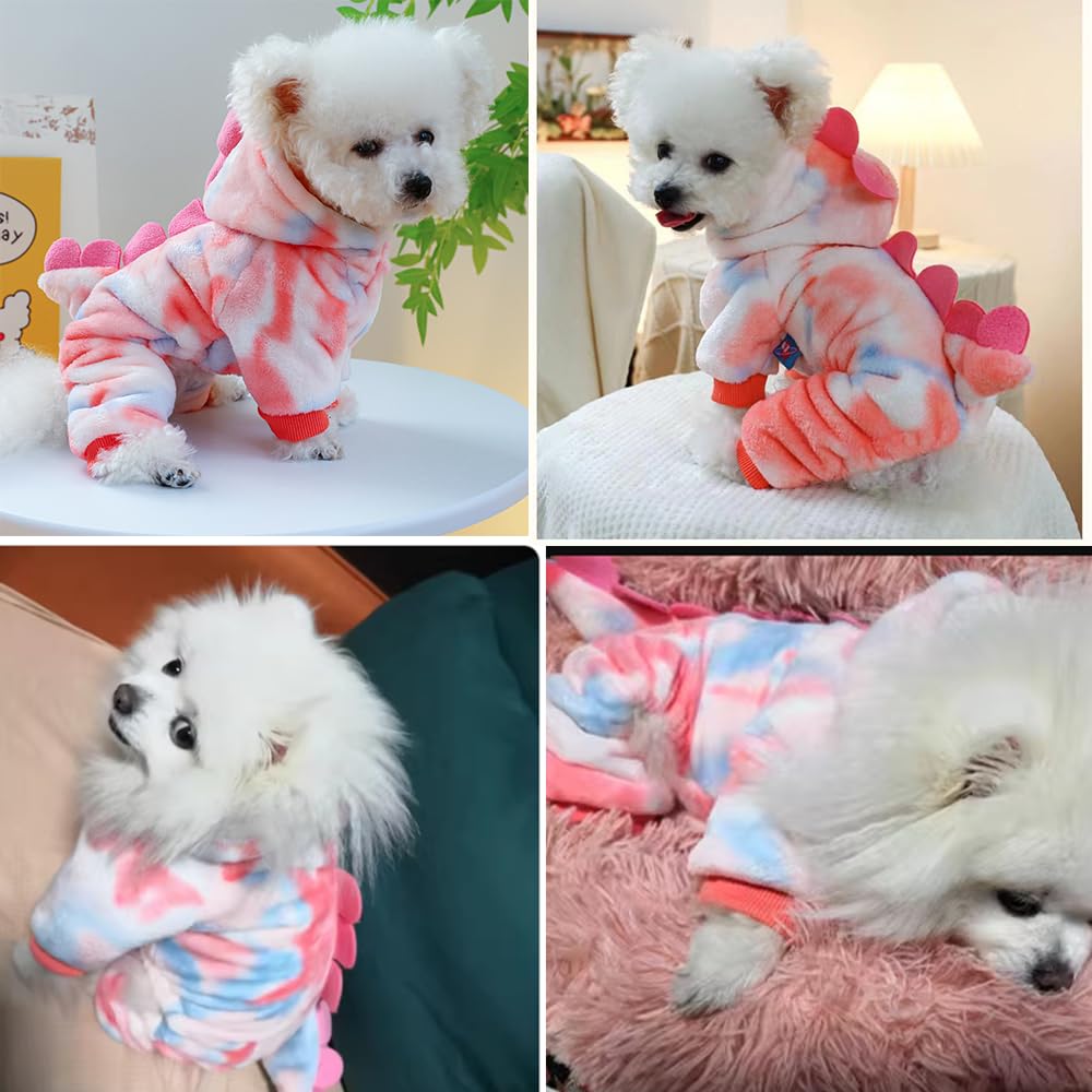 Anelekor Dinosaur Dog Hoodie for Small Dogs – Fleece Winter Costume with Leash Ring, Pink, Medium