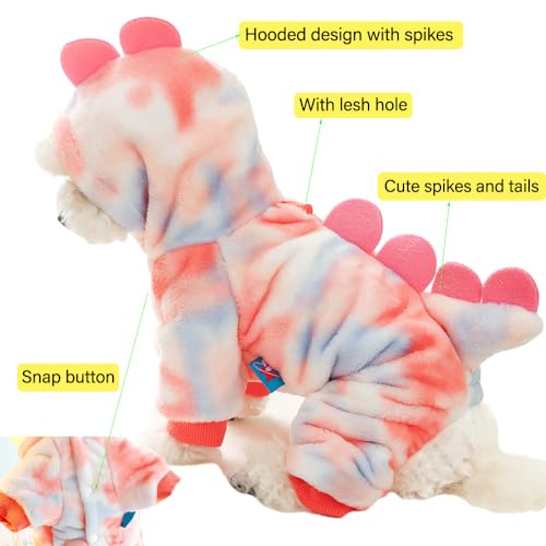 Anelekor Dinosaur Dog Hoodie for Small Dogs – Fleece Winter Costume with Leash Ring, Pink, Medium