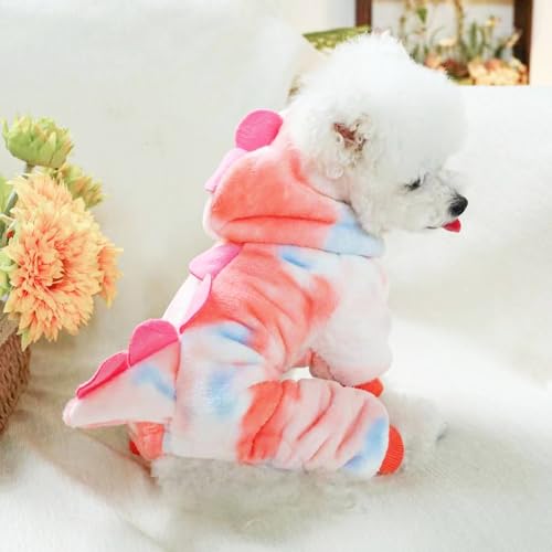 Anelekor Dinosaur Dog Hoodie for Small Dogs – Fleece Winter Costume with Leash Ring, Pink, Medium