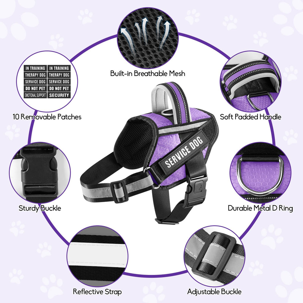 Animire Service Dog Vest Harness and Leash Set – Purple, Size S with 10 Patches