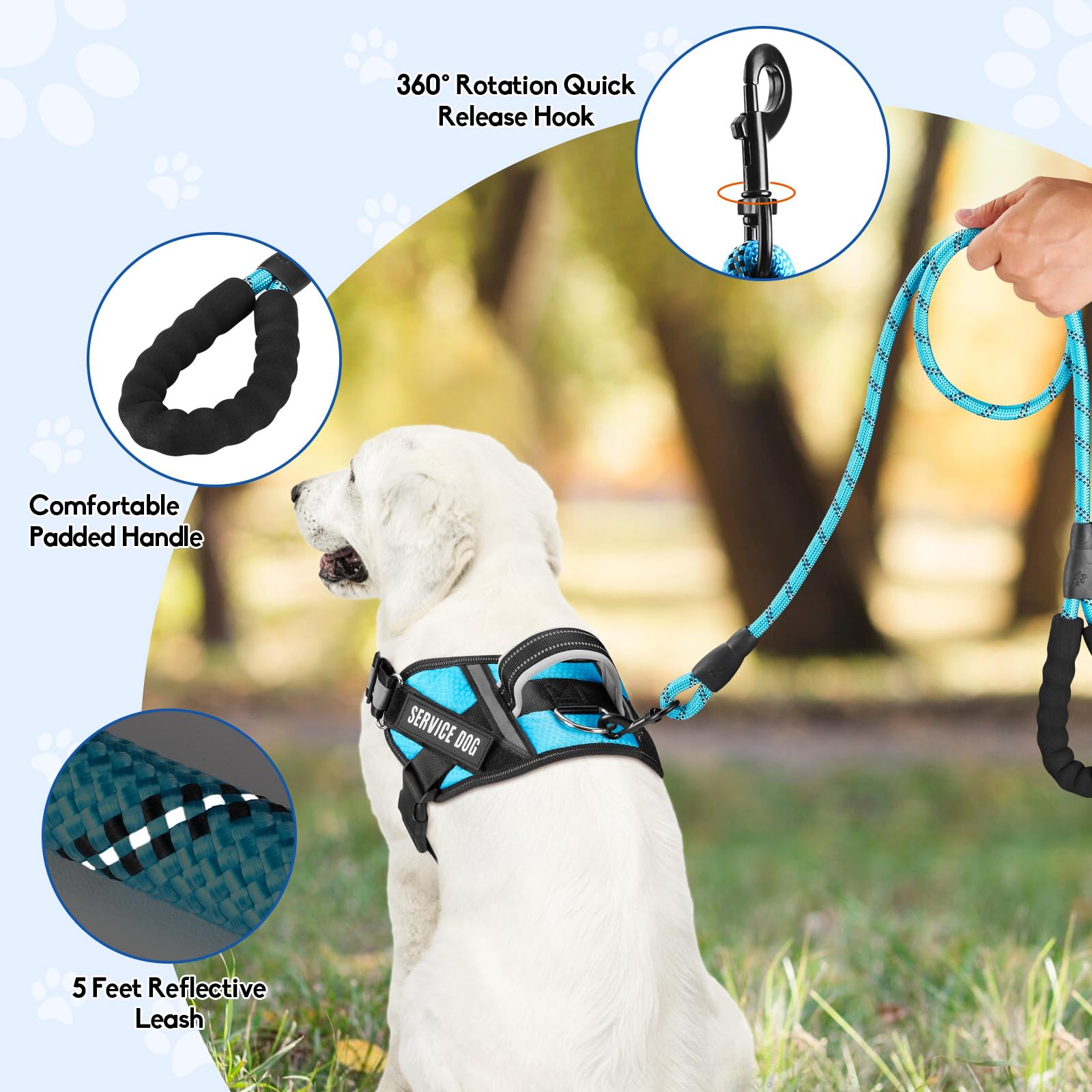 Animire Service Dog Vest Harness and Leash Set with 10 Patches, Reflective, Light Blue XS