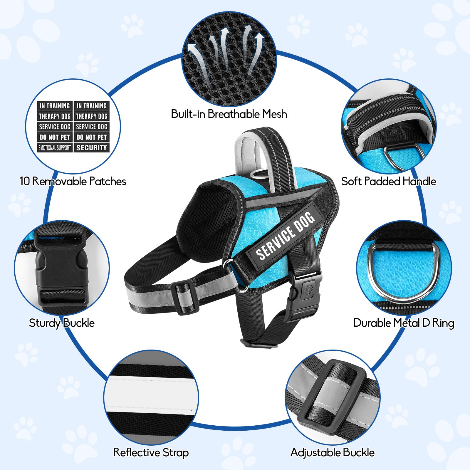 Animire Service Dog Vest Harness and Leash Set with 10 Patches, Reflective, Light Blue XS