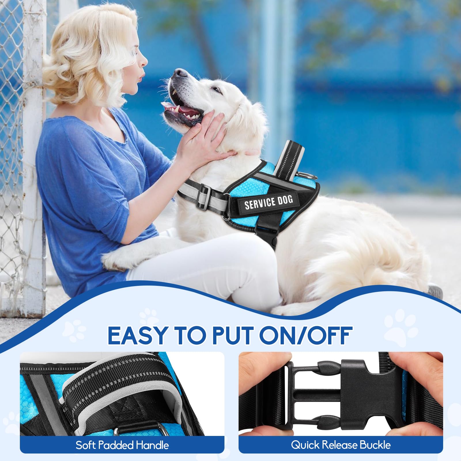 Animire Service Dog Vest Harness & Leash Set – Light Blue, Size S with 10 Patches