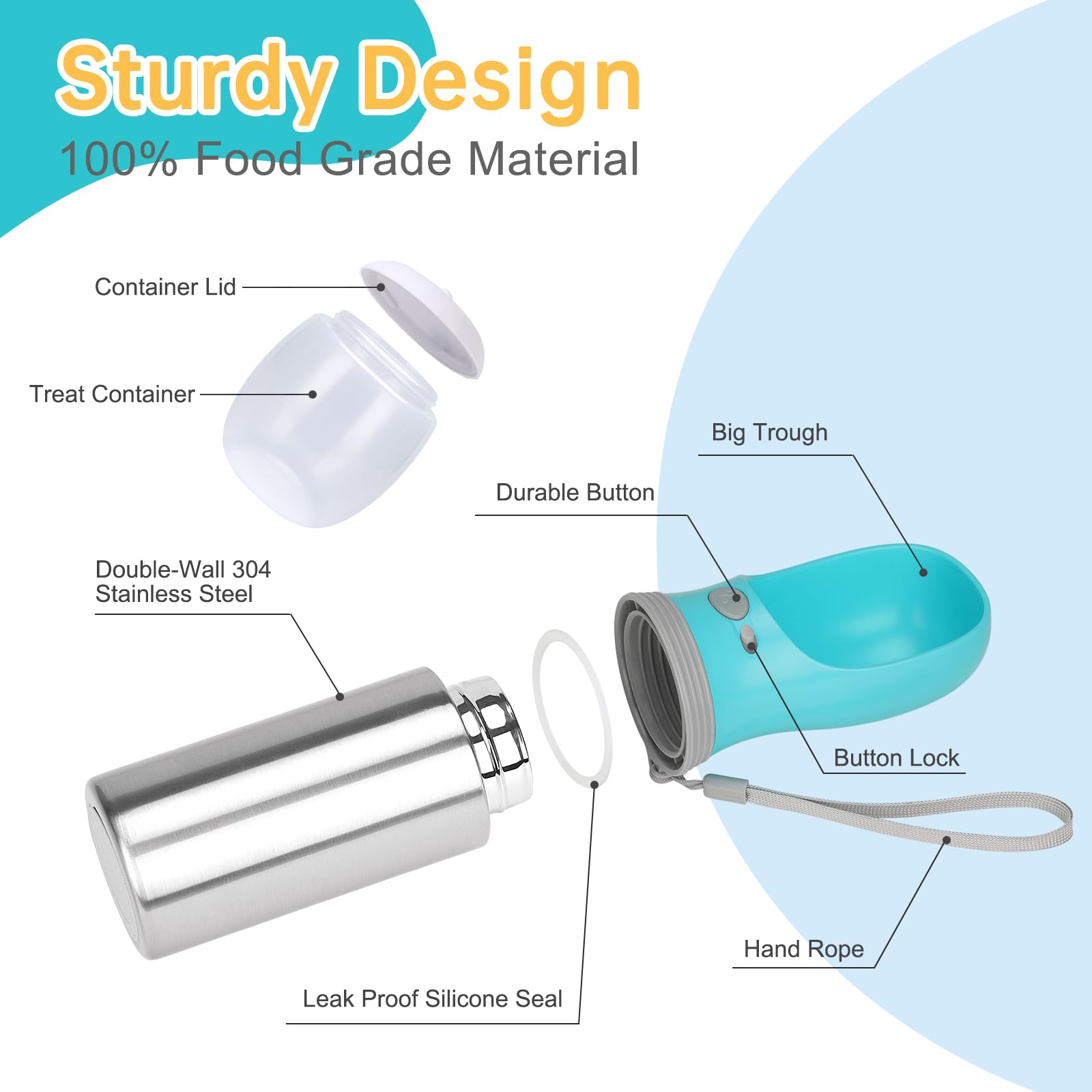 Anipaw Portable Dog Water Bottle with Food Container – 14 oz Stainless Steel Leak-Proof Design for Travel