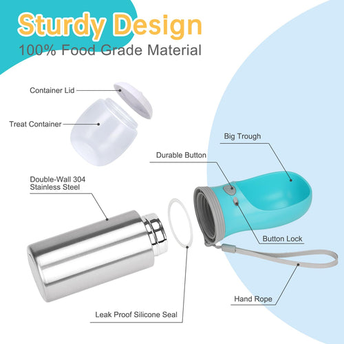 Anipaw Portable Dog Water Bottle with Food Container – 14 oz Stainless Steel Leak-Proof Design for Travel
