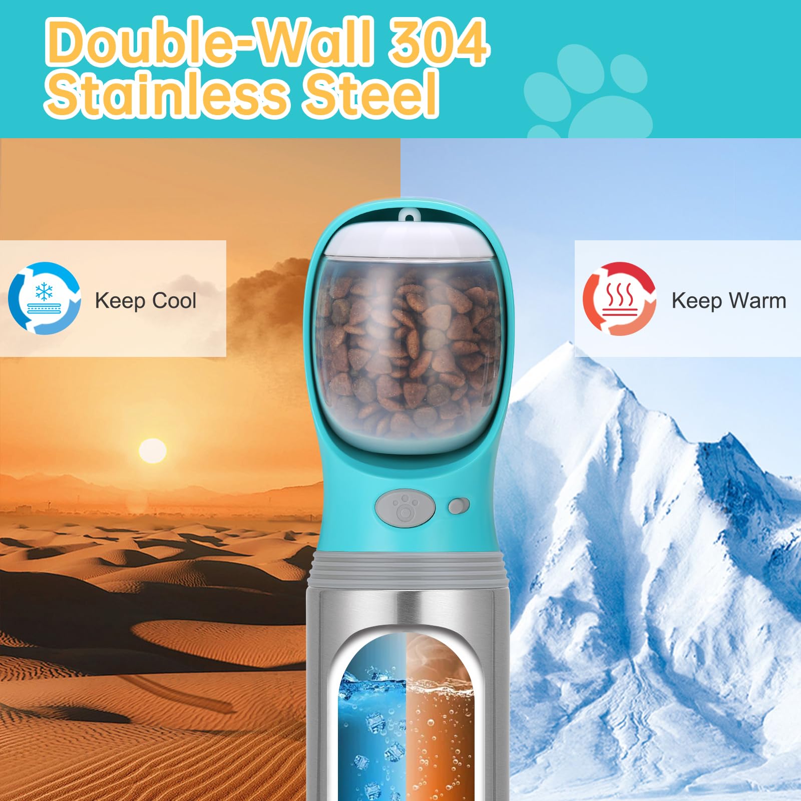 Anipaw Portable Dog Water Bottle with Food Container – 14 oz Stainless Steel Leak-Proof Design for Travel