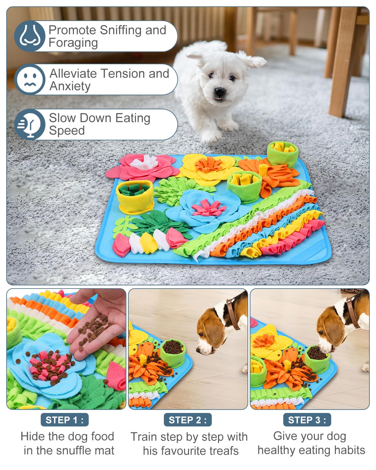 Ankilo Snuffle Mat for Dogs - 20x20 Inch Large Feeding Mat with Non-Slip Bottom, Machine Washable