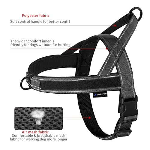Annchwool No Pull Dog Harness - Soft Padded Reflective Vest Harness with Handle, Escape Proof, Easy Fit, for Small Medium Large Dogs (Black, L)