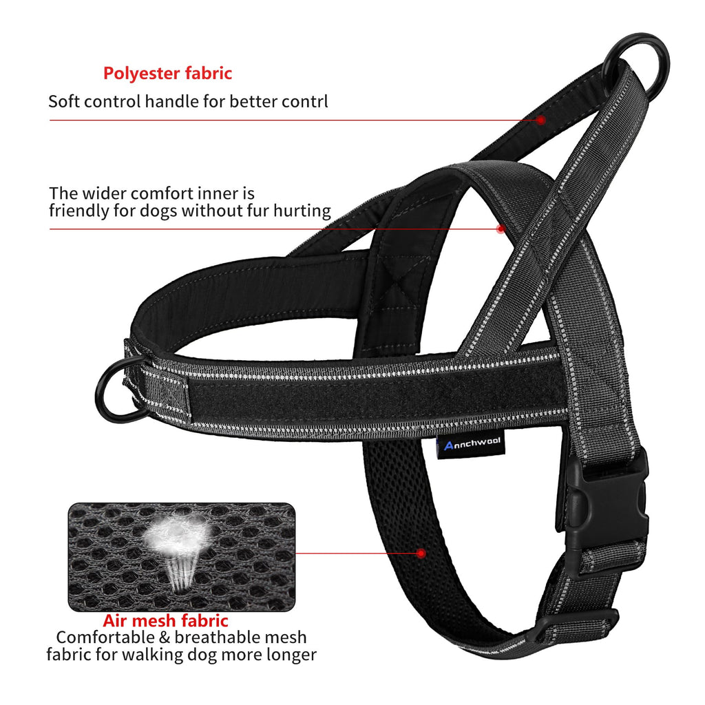 Annchwool No Pull Dog Harness - Soft Padded Reflective Vest Harness with Handle, Escape Proof, Easy Fit, for Small Medium Large Dogs (Black, L)