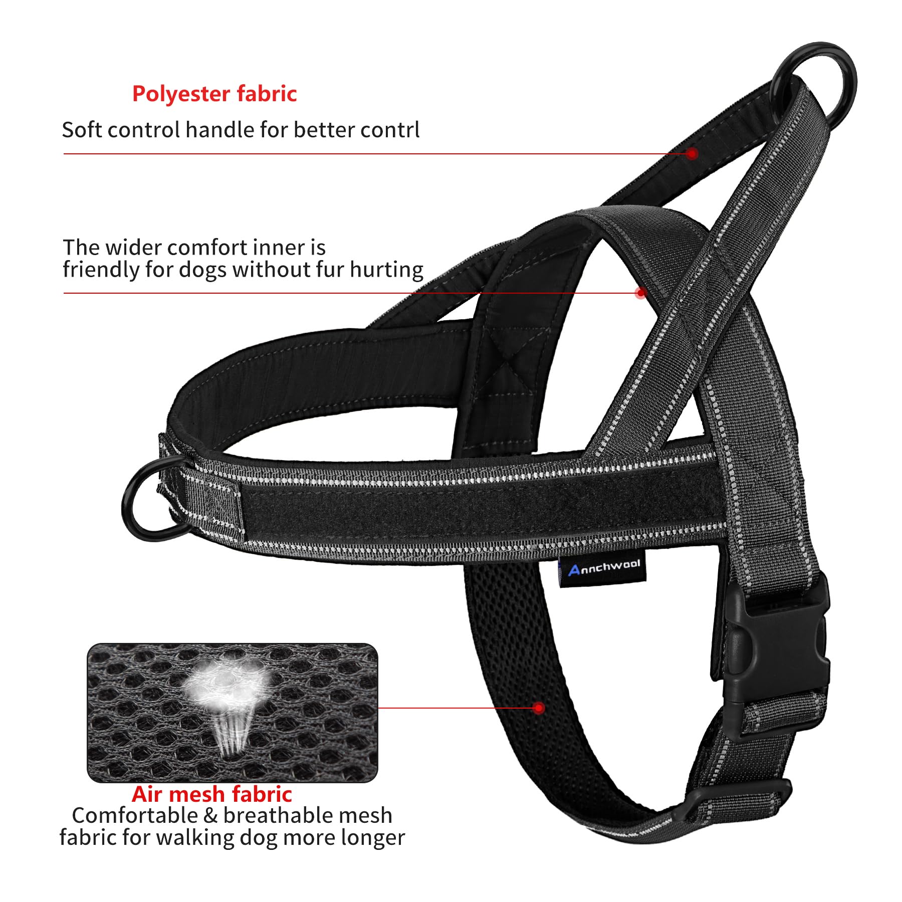 Annchwool No Pull Dog Harness - Soft Padded Reflective Vest Harness with Handle, Escape Proof, Easy Fit, for Small Medium Large Dogs (Black, L)