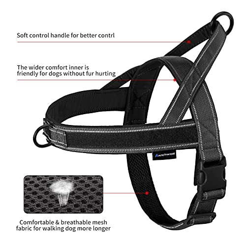 Annchwool No Pull Dog Harness Size S (Black) – Padded, Reflective, with Two Rings & Patches