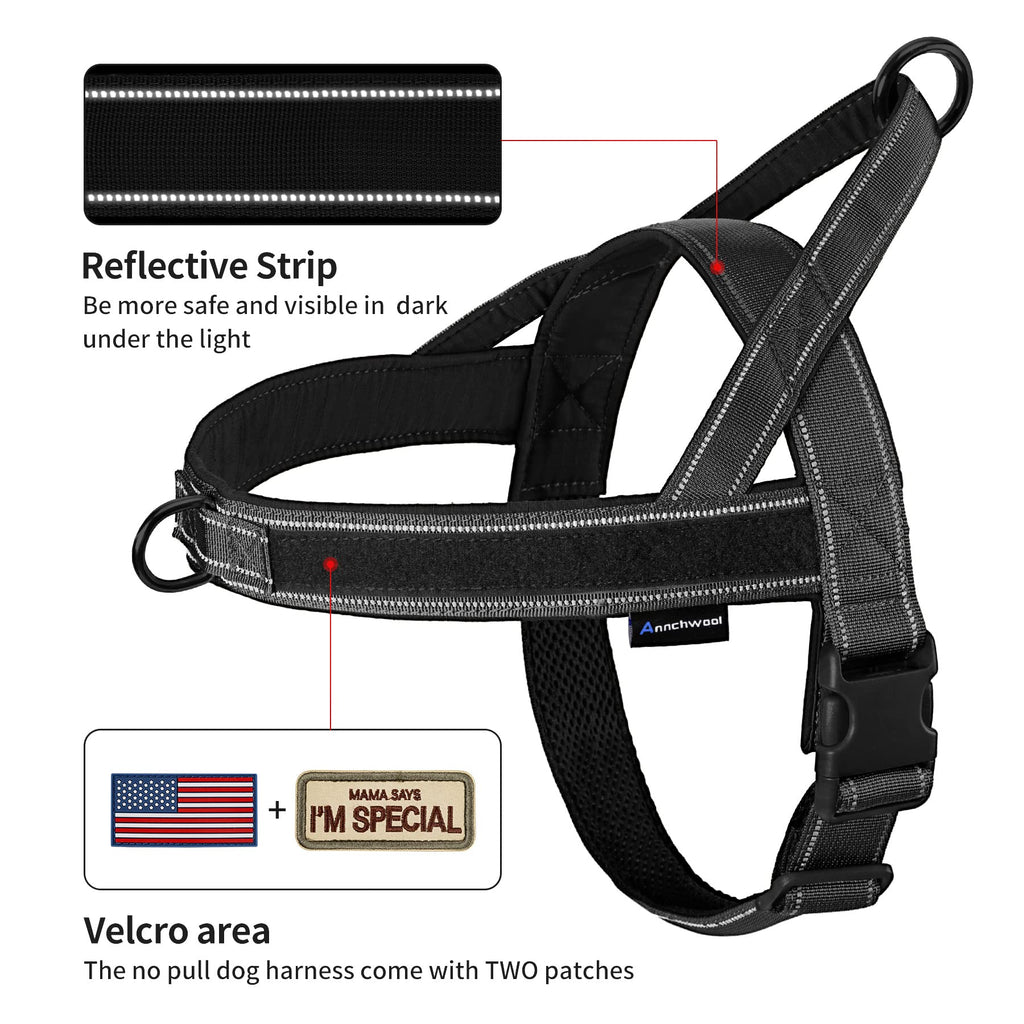 Annchwool No Pull Dog Harness Size S (Black) – Padded, Reflective, with Two Rings & Patches