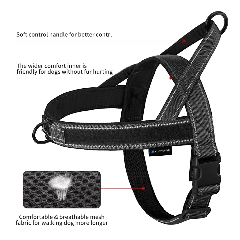 Annchwool No Pull Dog Harness Size S (Black) – Padded, Reflective, with Two Rings & Patches