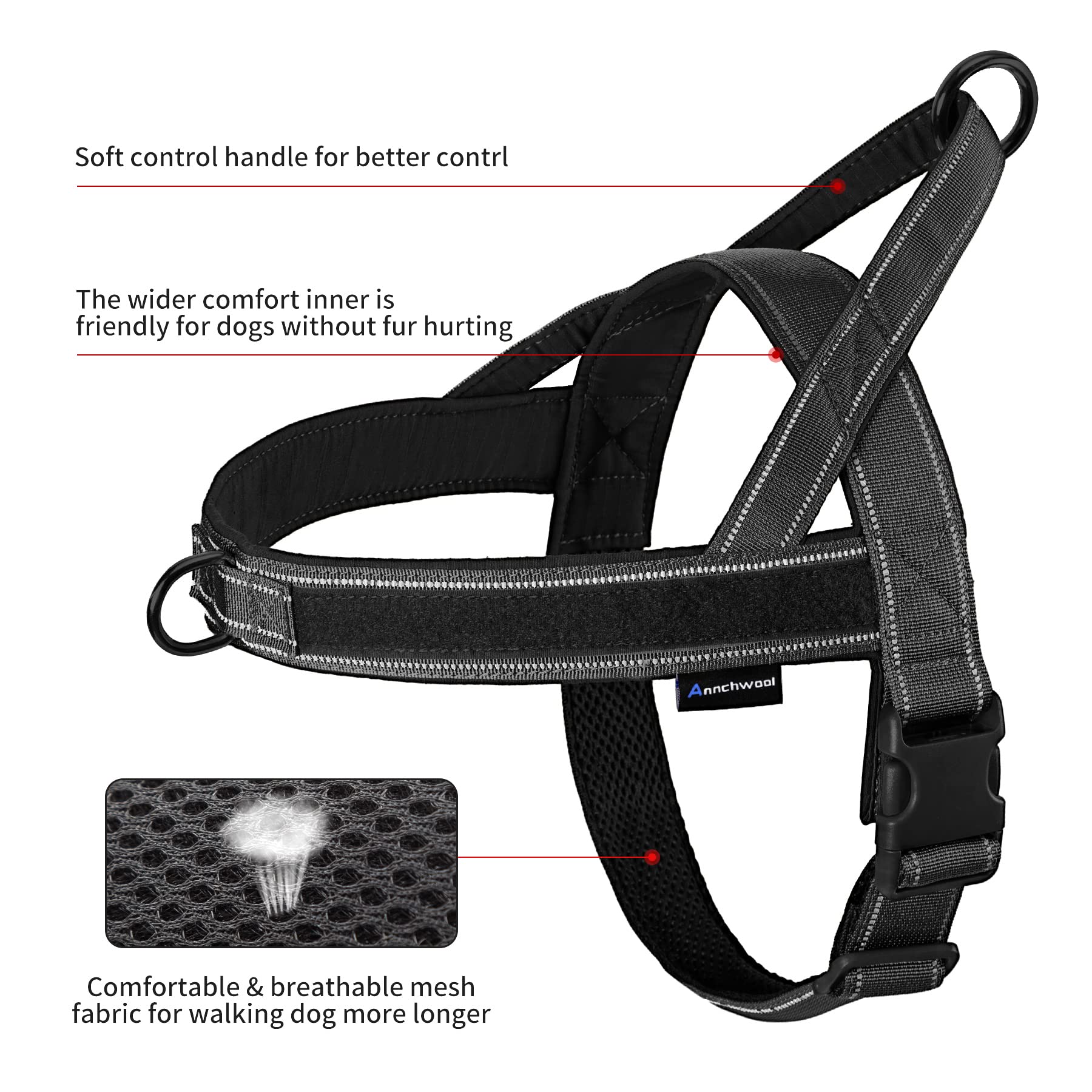 Annchwool No Pull Dog Harness Size S (Black) – Padded, Reflective, with Two Rings & Patches