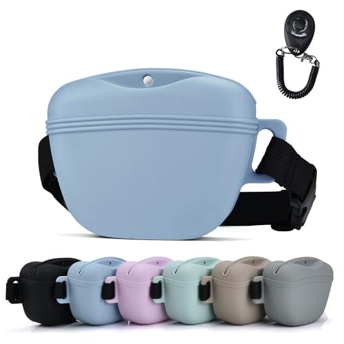 AOKLANT Pet Training Snack Pouch with Clicker - Upgraded Magnetic Closure, 1.66 Cup Silicone Belt Pouch for Dog Treats, Blue