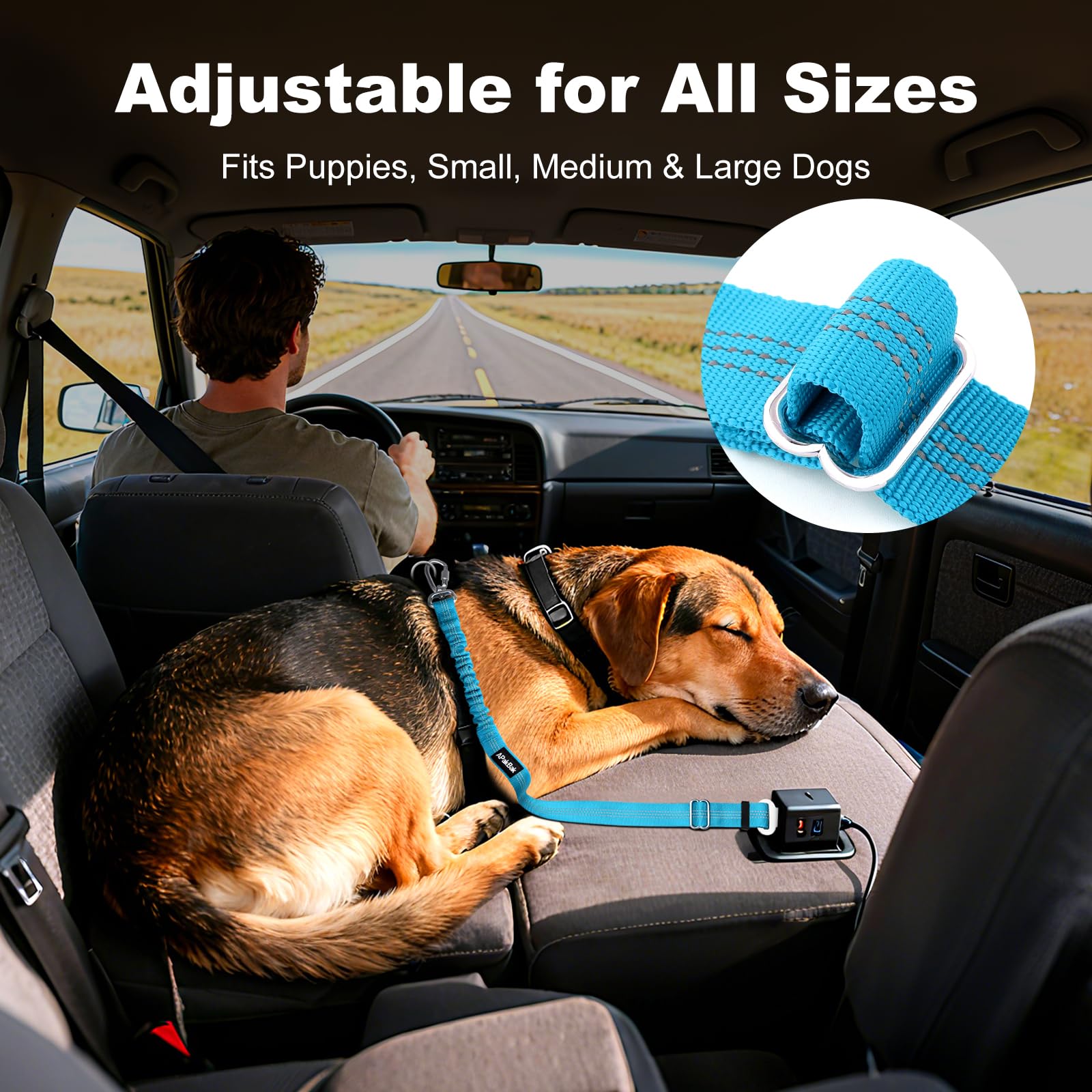 APAKBAK Dog Seat Belt for Car - Adjustable with Locking Hook & Reflective Strap, Light Blue