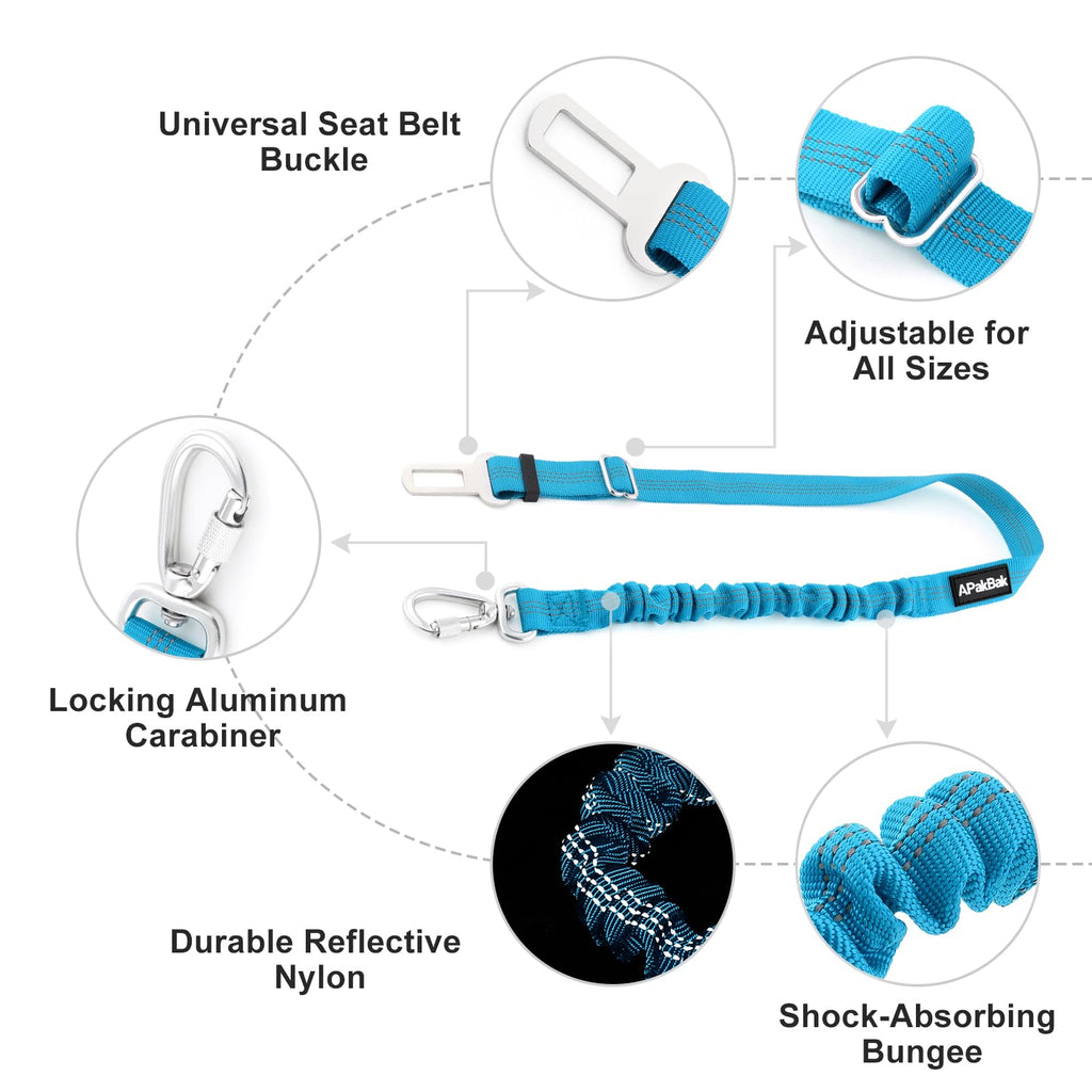 APAKBAK Dog Seat Belt for Car - Adjustable with Locking Hook & Reflective Strap, Light Blue