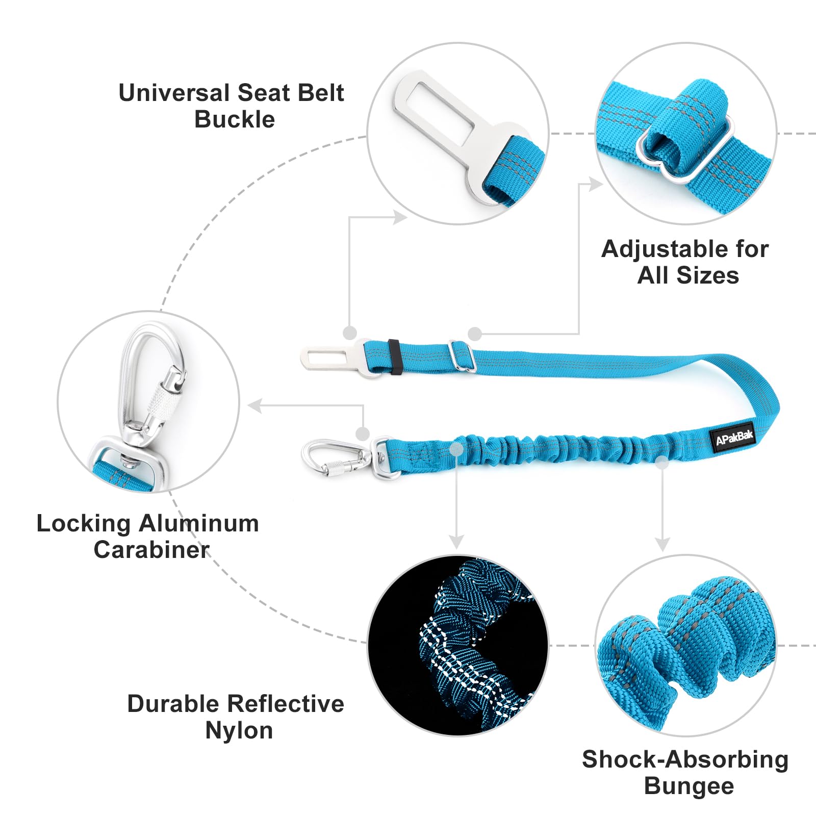 APAKBAK Dog Seat Belt for Car - Adjustable with Locking Hook & Reflective Strap, Light Blue
