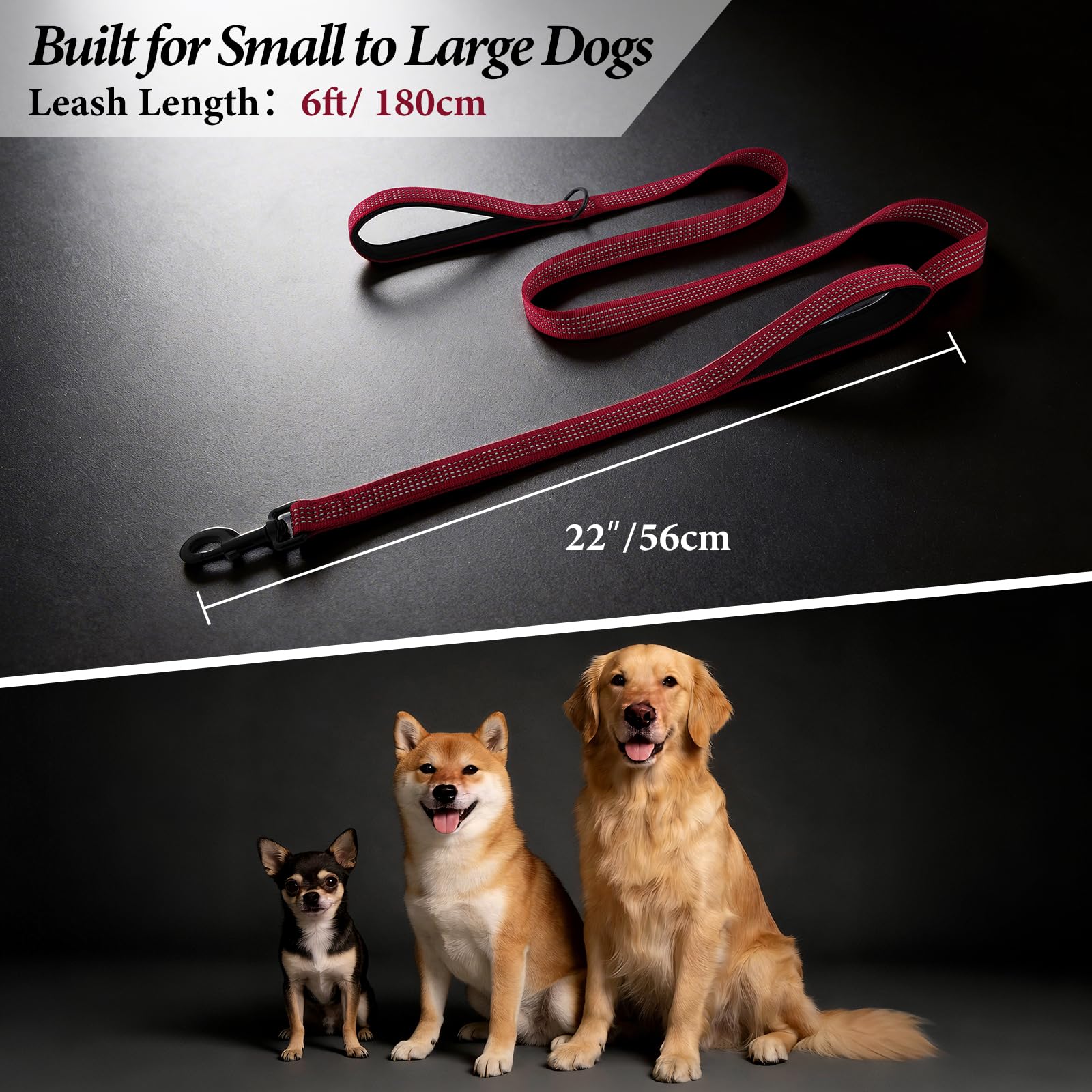 APAKBAK Double Handle Dog Leash 6ft Reflective - Padded Neoprene Grip, Heavy Duty Nylon, Traffic Lead for Training & Walking (Red)