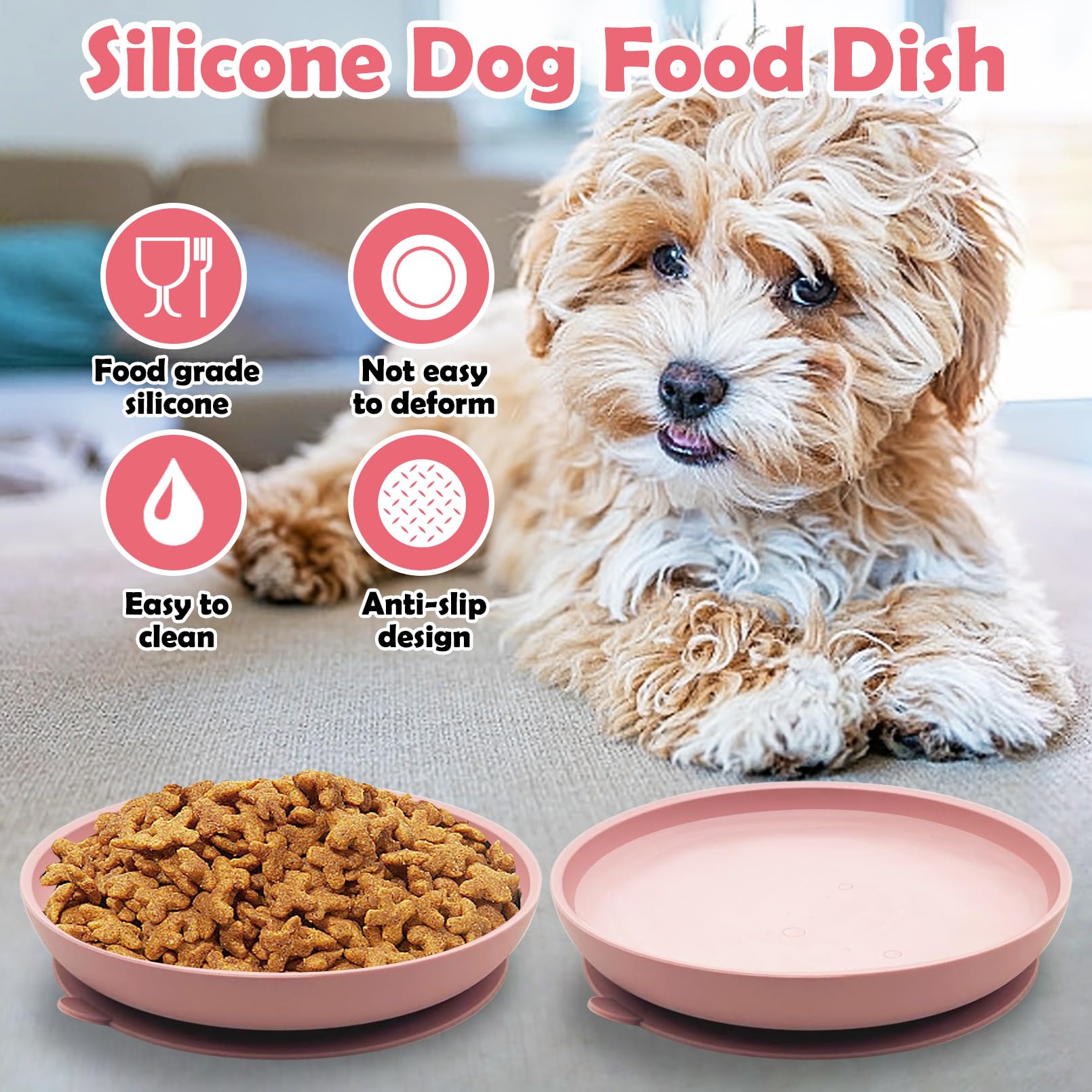 Apatal Silicone Dog Bowl Set of 2 – No-Spill Suction Cup Pet Bowls for Small & Medium Dogs, Pink