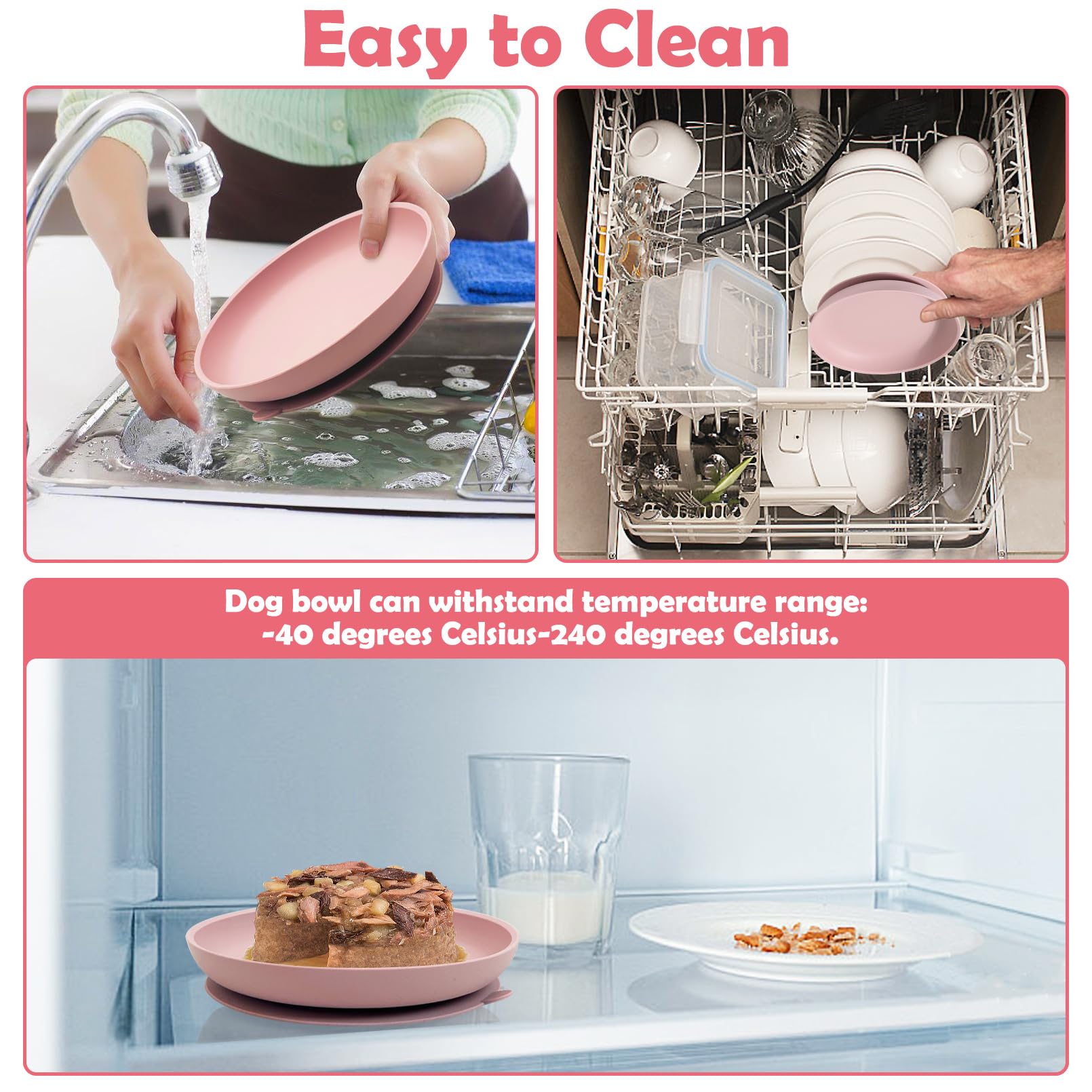 Apatal Silicone Dog Bowl Set of 2 – No-Spill Suction Cup Pet Bowls for Small & Medium Dogs, Pink