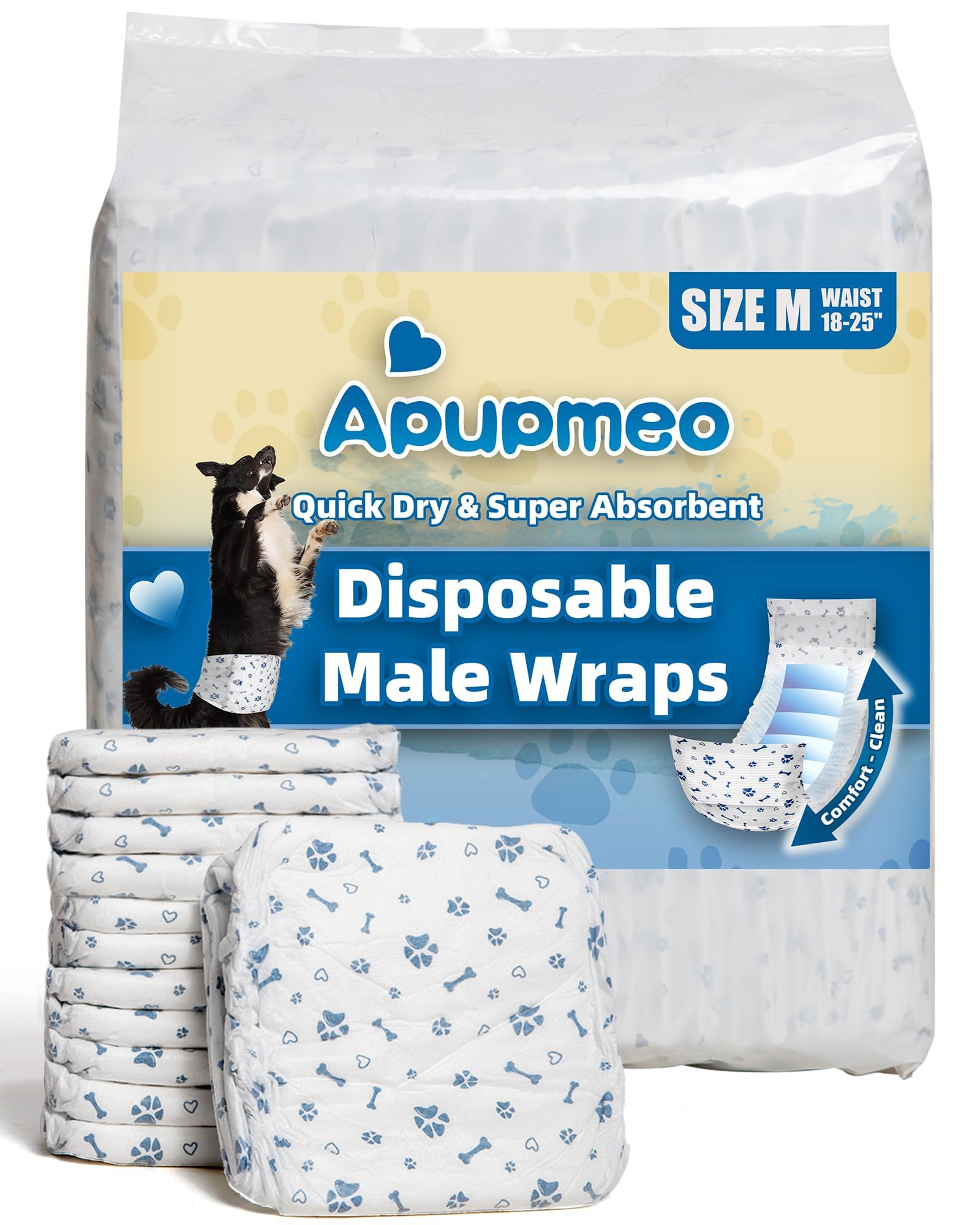 Apupmeo Medium Male Dog Diapers - Disposable Belly Bands, Super Absorbent, Leak-Proof, 20 Count