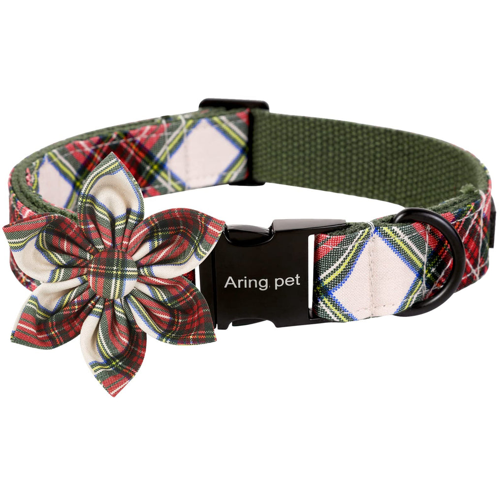 ARING PET Christmas Dog Collar - Cute Red Green Plaid Medium with Detachable Flower and Metal Buckle