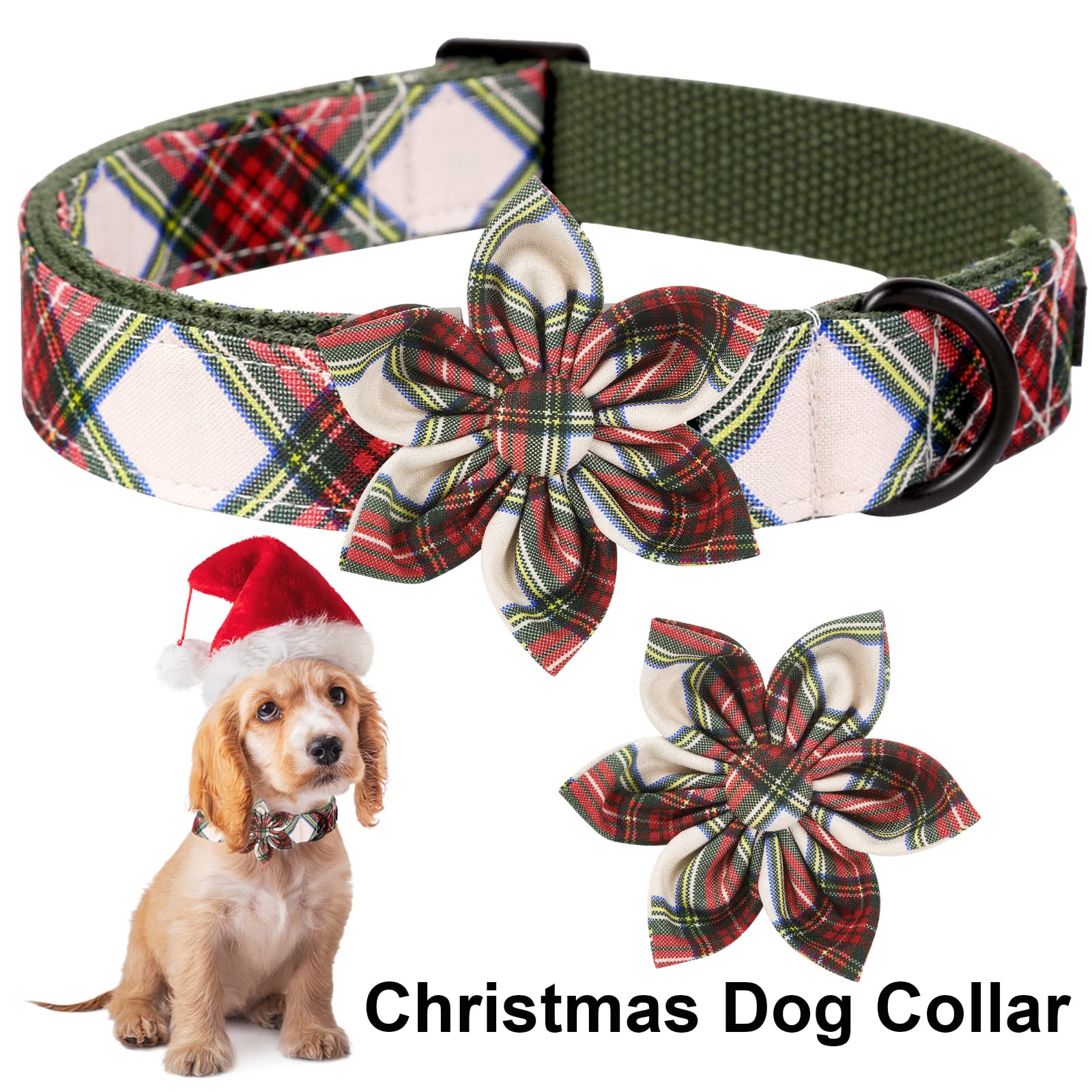 ARING PET Christmas Dog Collar - Cute Red Green Plaid Medium with Detachable Flower and Metal Buckle