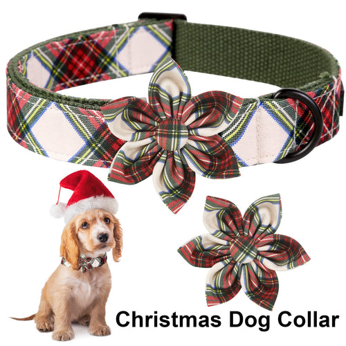 ARING PET Christmas Dog Collar - Cute Red Green Plaid Medium with Detachable Flower and Metal Buckle