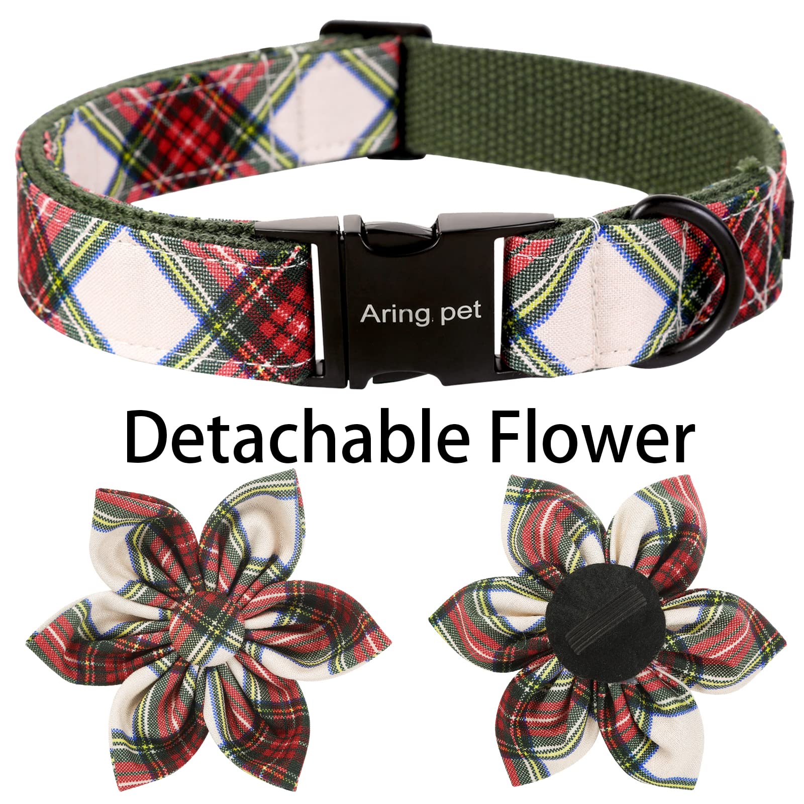 ARING PET Christmas Dog Collar - Cute Red Green Plaid Medium with Detachable Flower and Metal Buckle