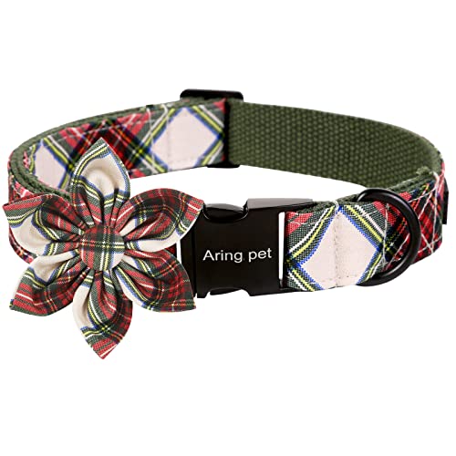 ARING PET Christmas Dog Collar - Cute Red Green Plaid Medium with Detachable Flower and Metal Buckle