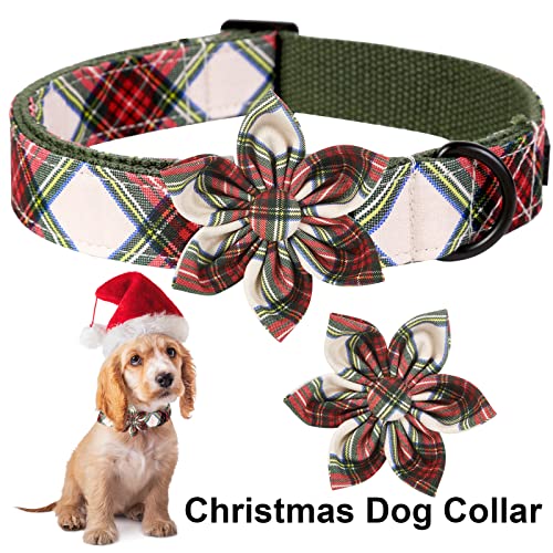 ARING PET Christmas Dog Collar - Cute Red Green Plaid Medium with Detachable Flower and Metal Buckle
