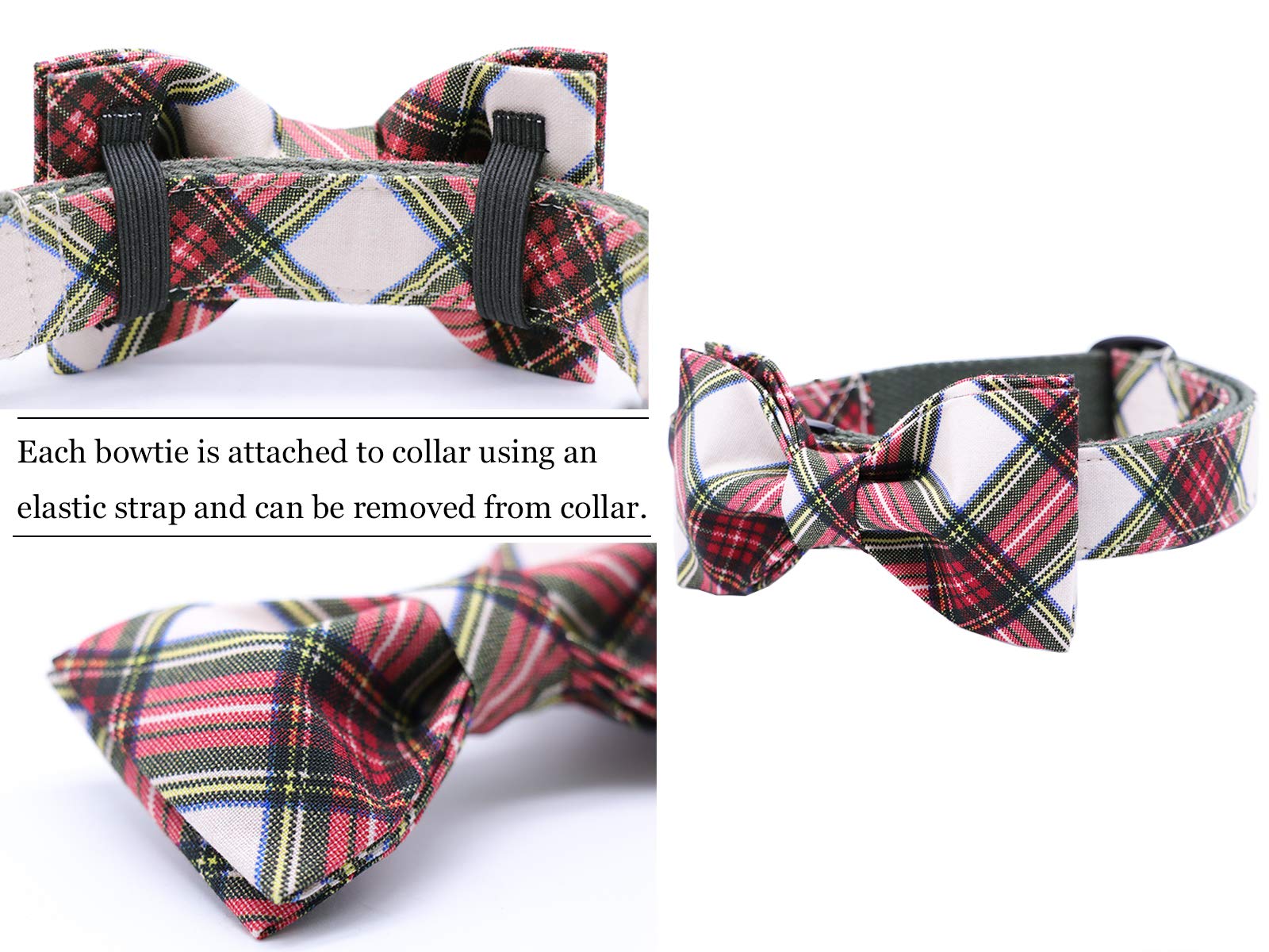 ARING PET Christmas Dog Collar Bowtie – Small, Red Green Plaid, Cotton, Machine Washable