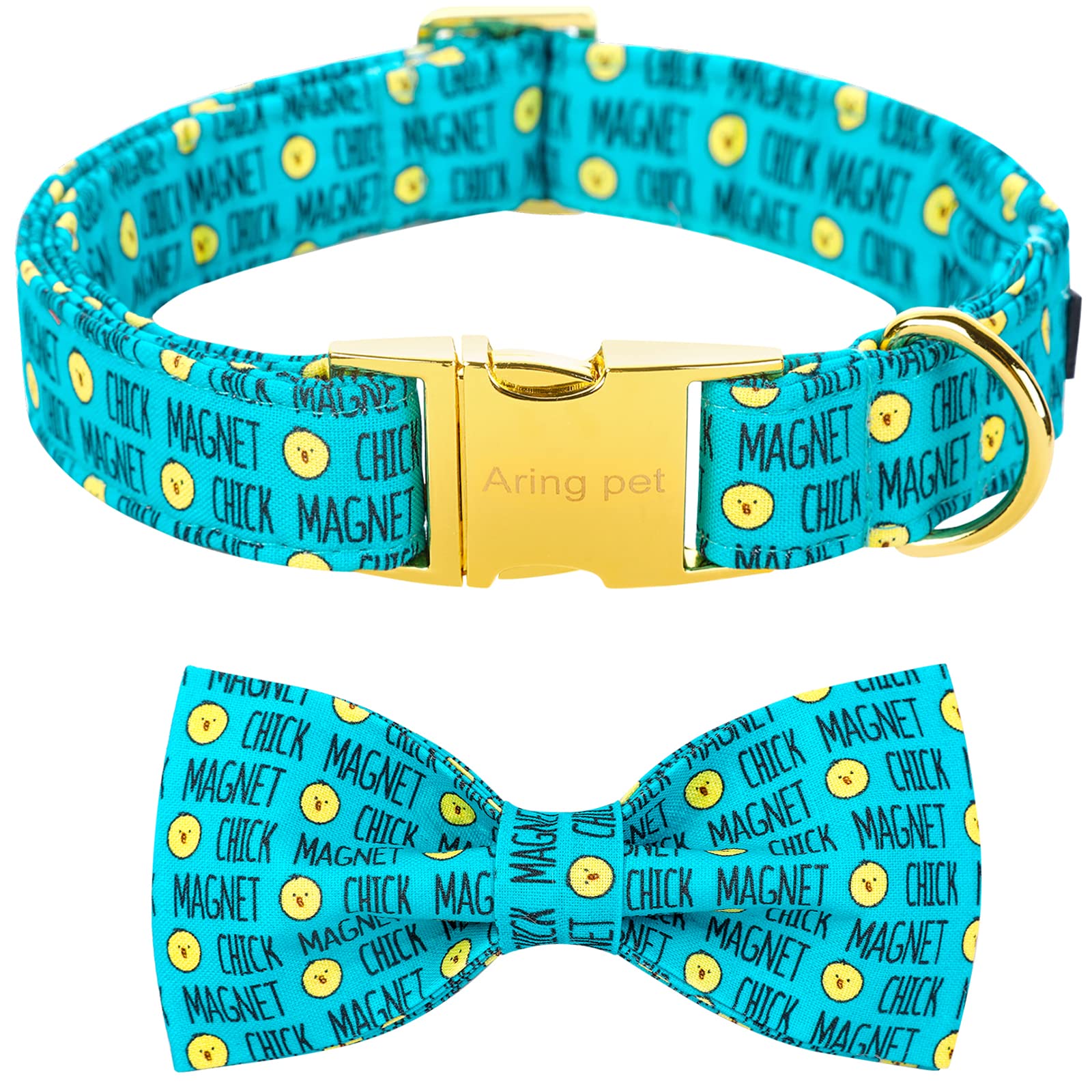 ARING PET Easter Dog Collar with Blue Chick Bowtie – Adjustable, Metal Buckle, Size M