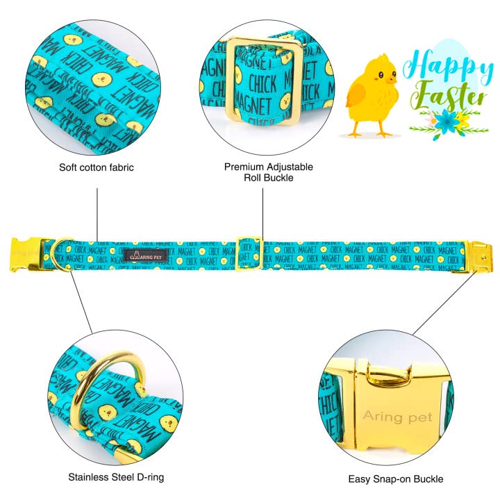 ARING PET Easter Dog Collar with Blue Chick Bowtie – Adjustable, Metal Buckle, Size M
