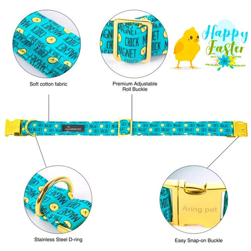 ARING PET Easter Dog Collar with Blue Chick Bowtie – Adjustable, Metal Buckle, Size M