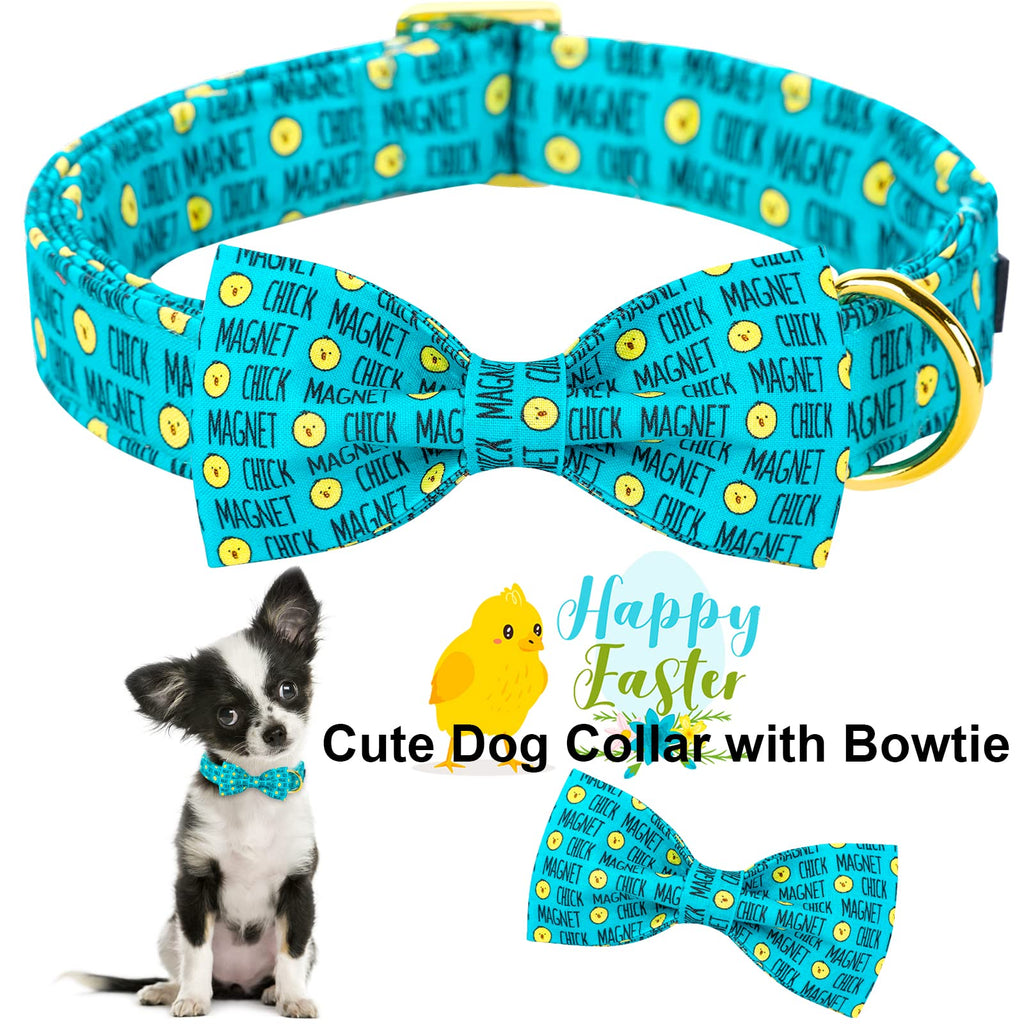 ARING PET Easter Dog Collar with Blue Chick Bowtie – Adjustable, Metal Buckle, Size M