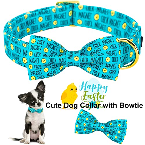 ARING PET Easter Dog Collar with Blue Chick Bowtie – Adjustable, Metal Buckle, Size M