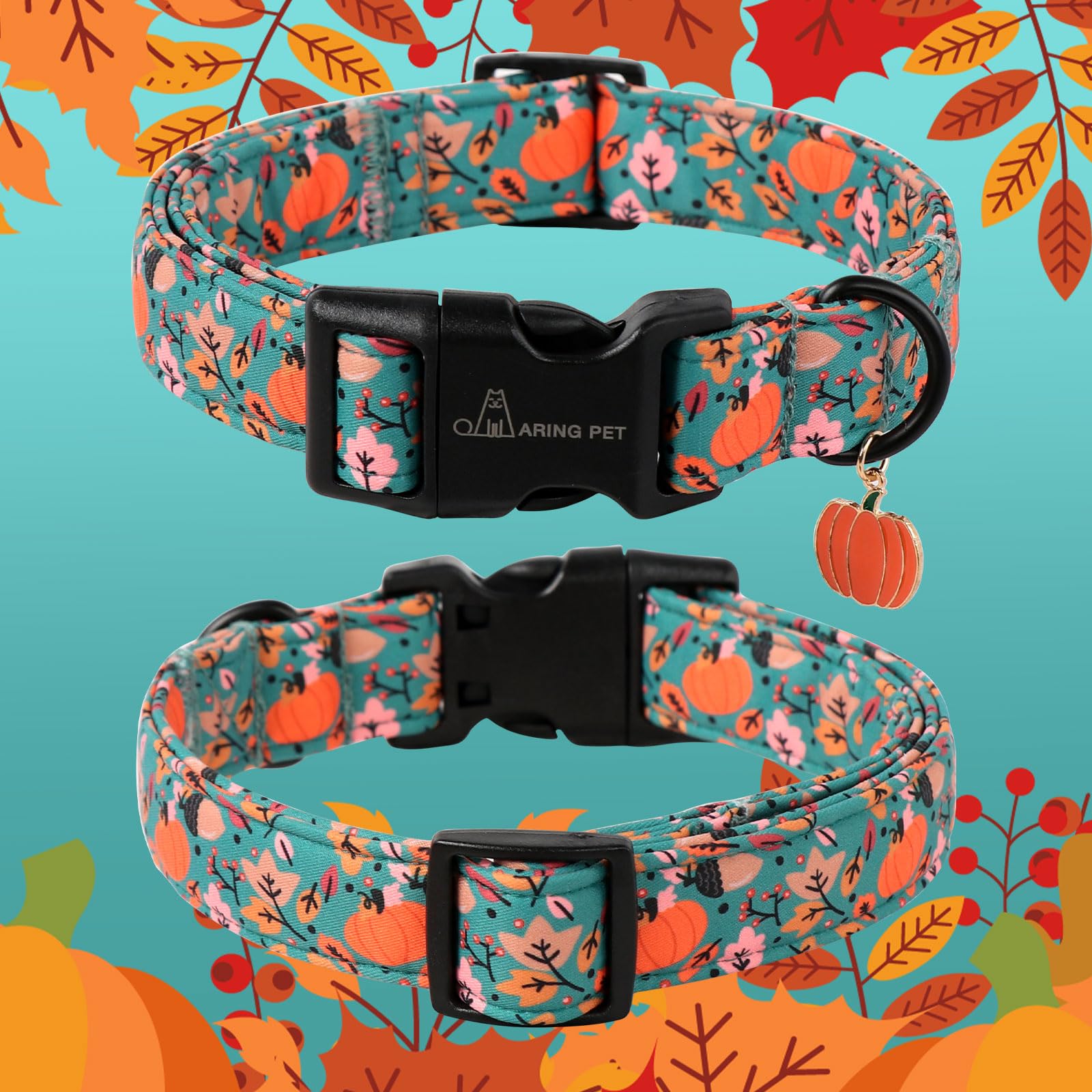 ARING PET Fall Dog Collar – Cute Autumn Pumpkin Maple Leaves, Quick Release Buckle, Adjustable 16-24 inches for Small to Large Dogs
