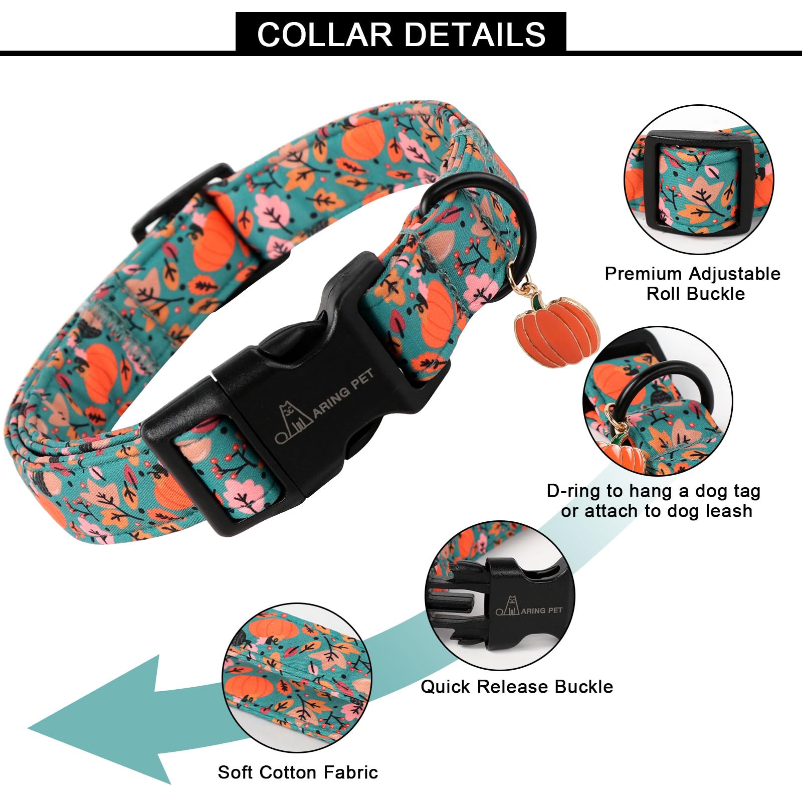 ARING PET Fall Dog Collar – Cute Autumn Pumpkin Maple Leaves, Quick Release Buckle, Adjustable 16-24 inches for Small to Large Dogs