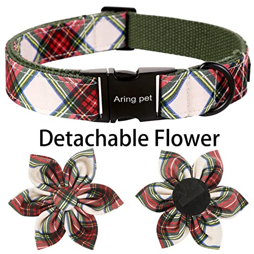 ARING PET Small Christmas Dog Collar - Red Green Plaid with Detachable Flower and Metal Buckle