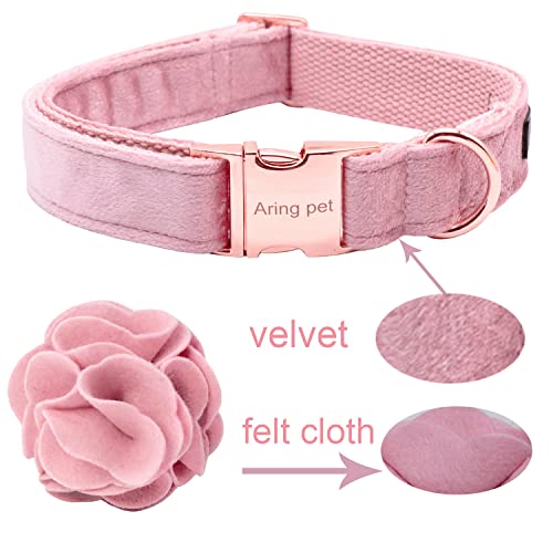 ARING PET Velvet Dog Collar - Pink, Size L with Detachable Felt Flower - Soft Pet Collar for Small to Large Dogs