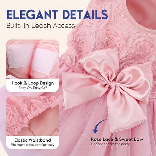 ASENKU Pink Lace Dog Dress with Pearl and Bow - XS for Small/Medium Pets