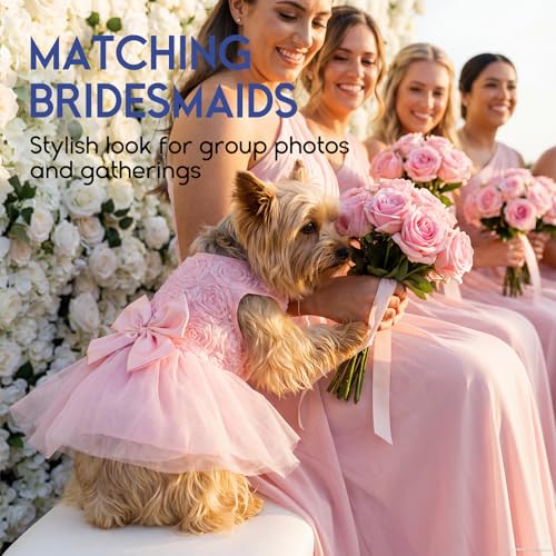 ASENKU Pink Lace Dog Dress with Pearl and Bow - XS for Small/Medium Pets